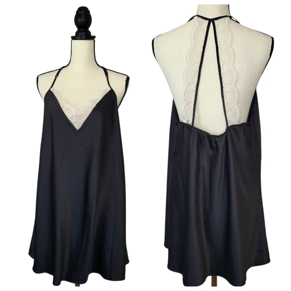Flora By Flora Nikrooz Chemise Slip Black Satin Cream Lace Strappy Back Size XL - Picture 1 of 10